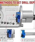 Close-up of 35mm Concealed Door Hinge Jig for Cabinets with Quick Clamp and Dust Vacuum Adapter, showing drill depth settings.