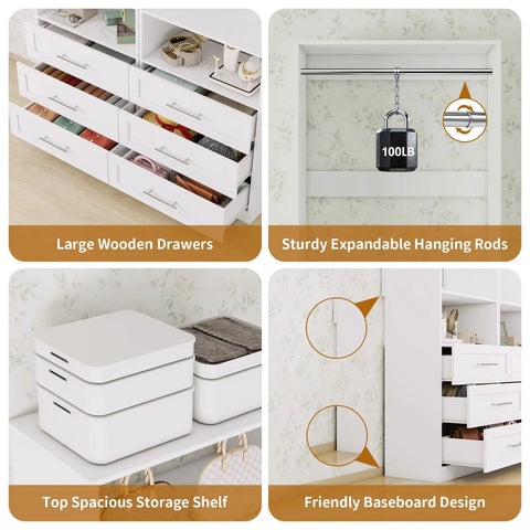 Dope Modular Closet Organization System With Six Drawers Adjustable Shelves And Nine Hanging Rods Super Clean L Shape Corner Storage Unit Top Tier White Wood Setup For Walk In Rooms That Gonna Fit Perfectly