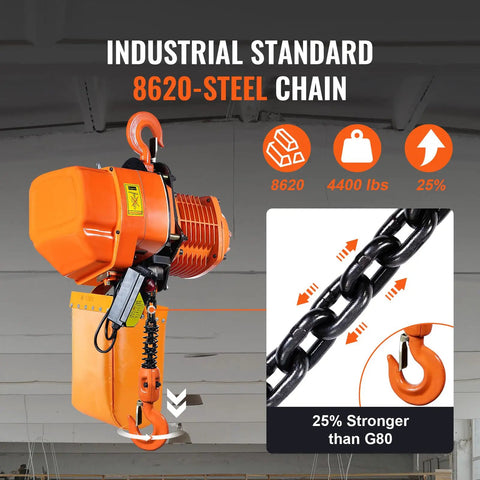 2 Ton Wireless Electric Chain Hoist With 4400 Lbs Capacity 20 Ft Lifting Height IP54 Protection, side view with G100 chain.