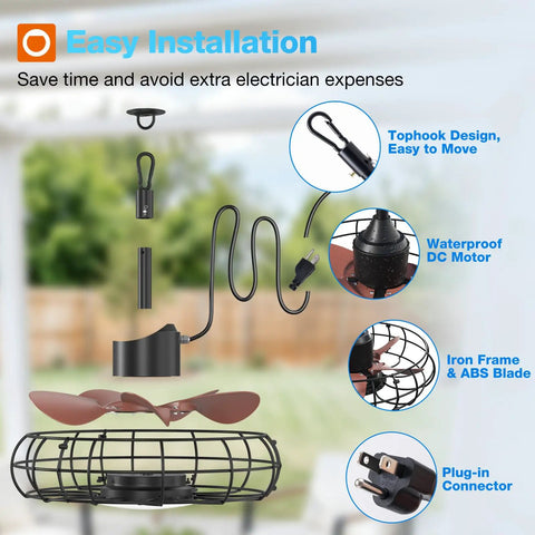 Exploded view of 20 Inch Outdoor Ceiling Fan with Light showcasing plug-in design and IP65 waterproof features for patio use.