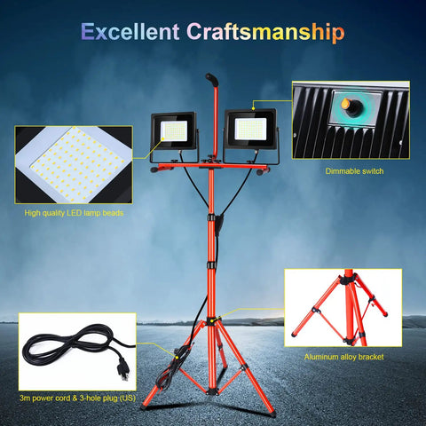 Dimmable LED Work Light 10000Lm 5000K Dual Head With Stand shown with parts like LED beads, dimmable switch, and tripod.