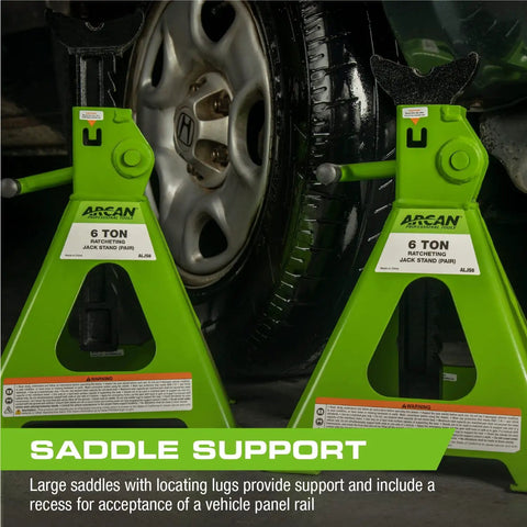 Beefy Six Ton Ratcheting Jack Stands Pair For Auto Repair Heavy Duty Adjustable Lift With 15.5 To 24 Inches Height Range And Counter Weighted Pawl Locking For Stable Vehicle Support