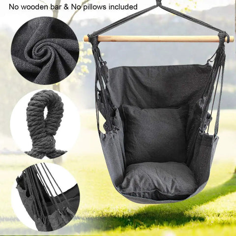 Gray hammock chair hanging rope swing seat for indoor and outdoor use, cotton weave, no wooden bar or pillows included