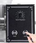 Close-up of control panel on Commercial Electric Ice Shaver Machine with Adjustable Thickness for Snow Cones Slushies Smoothies.