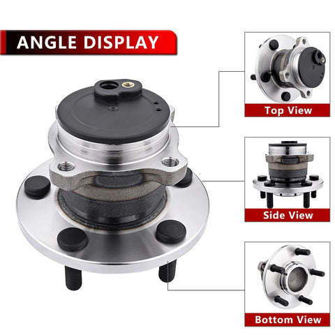 Rear Wheel Bearing And Hub Assembly Replacement Suspension Kit For Mazda 3 2004-2013 Mazda 3 Sport 2009-2013 Mazda 5 2006-2010 2012-2017 Direct Fit Bolt On For A Smooth Ride And Reliable Performance showing angle display with top, side, and bottom views