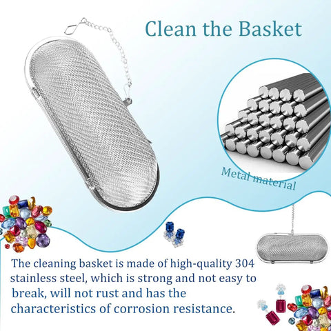 Straight Up Heavy Duty Stainless Steel Mesh Basket Pair For Ultrasonic Jewelry Cleaner And Small Parts Washer Built Tough, oval basket with chain.
