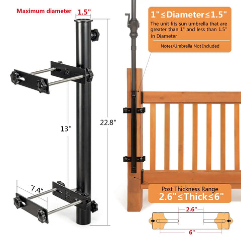 Heavy Duty 304 Stainless Steel Patio Umbrella Holder Fits Up To 2 Inch Umbrella, Deck Railing Mount In Black