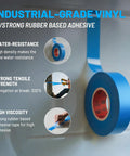 Blue Electrical Tape 5 Pack 3/4 Inch By 66 Feet Industrial Grade Pro Grade Tough 7 Mil Thick Flame Retardant Waterproof PVC Tape 600V UL Listed CSA Listed displayed for water resistance and tensile strength benefits.