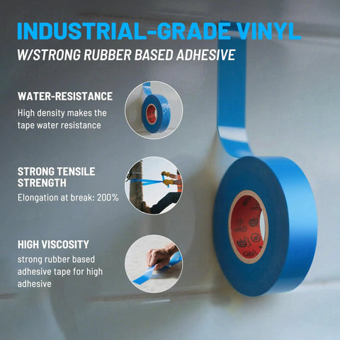 Blue Electrical Tape 5 Pack 3/4 Inch By 66 Feet Industrial Grade Pro Grade Tough 7 Mil Thick Flame Retardant Waterproof PVC Tape 600V UL Listed CSA Listed displayed for water resistance and tensile strength benefits.