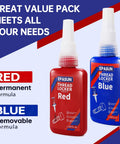 blue red threadlocker set with medium and high strength bottles for nuts and bolts