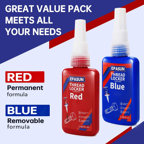 blue red threadlocker set with medium and high strength bottles for nuts and bolts