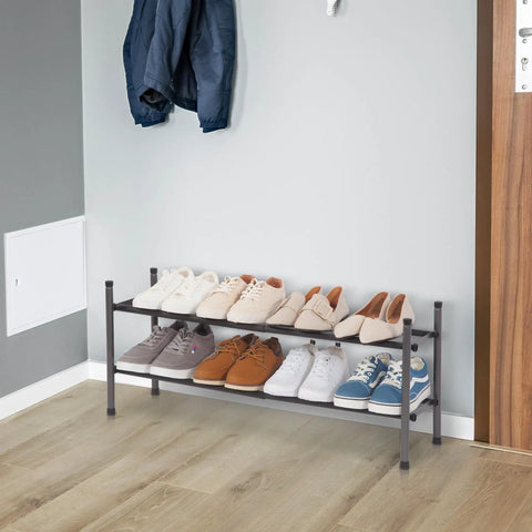 Expandable Shoe Rack For Closet And Entryway, Metal 8 Pairs Stackable Organizer, Adjustable 2 Tier Shelves In Black in hallway