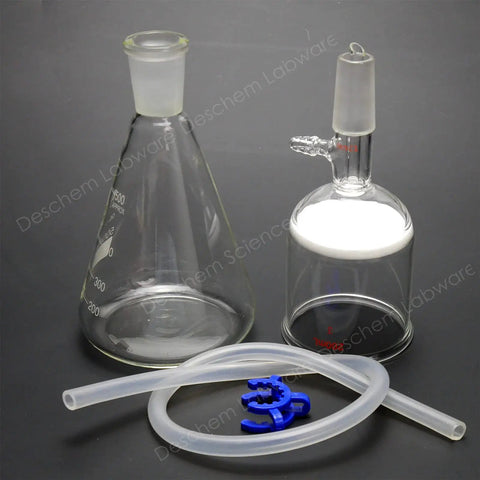 500ml 24/40 Suction Filtration Device with 200ml Buchner Funnel, vacuum pump tubing, and clamp on black background