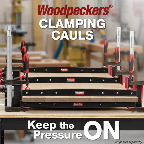 Phenolic Clamping Cauls 24 Inch 2 Pack Cambered Design Delivers Even Pressure For Flat Panel Glue Ups, Boss Level Shop Grade Durability, Built Tough For Precise SnipeFree Woodworking Glue Ups. clamped on panel