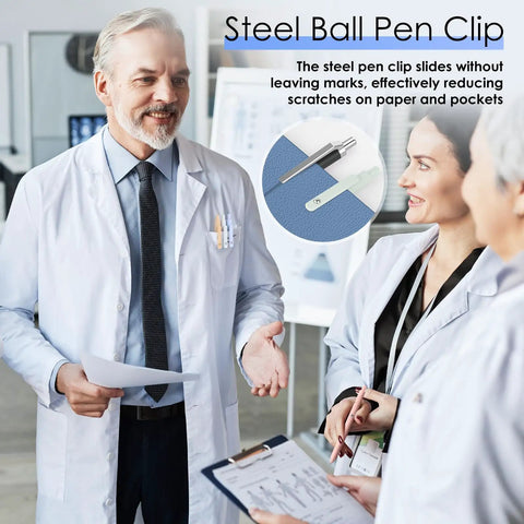 Doctors discussing with 7 Pack 0.5mm Quick Dry Gel Pens With Fine Point Smooth Writing Black Ink and steel pen clip feature.