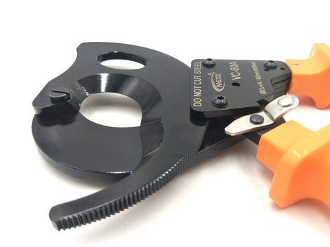 Ratcheting Cable Cutter For Copper And Aluminum Wire with black forged oil-hardened steel blades and orange handles, close-up view