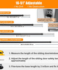 Sliding Door Security Bar Adjustable From 17 To 51 Inches Heavy Duty Interior Bar For Patio Doors And Windows Childproof Lock For Apartment And Bedroom Bottom Of Door Black Durable Steel Construction For Extra Safety And Peace Of Mind, showing different extension options and installation steps.