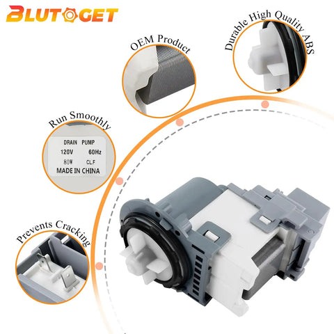 Samsung Front Load Washer Drain Pump Motor Upgrade For DC31 00187A 00178D PX3516 01, showing durable metal and ABS structure.