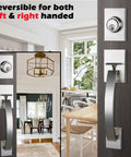 Front Entry Door Handleset With Keyed And Dummy Handleset Satin Nickel Adjustable Backset 60mm Or 70mm Movable Hole Position Fits Most US Standard Doors For Hole Centers About Eight And One Third Inches Easy Install, shown on door with interior view.