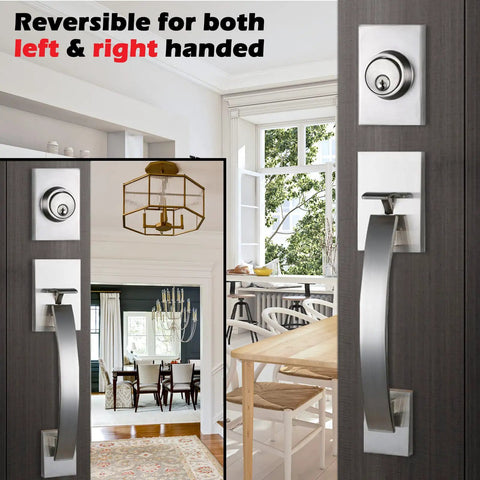 Front Entry Door Handleset With Keyed And Dummy Handleset Satin Nickel Adjustable Backset 60mm Or 70mm Movable Hole Position Fits Most US Standard Doors For Hole Centers About Eight And One Third Inches Easy Install, shown on door with interior view.