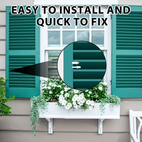 Pro Grade Plantation Shutter Repair Kit With Heavy Duty Louver Staples And Snap In Place Spring Pins For Window Hardware Refresh Zero Point Seven Five Inch And Zero Point Six Inch Mixed Sizes No Sweat Fix shown on window with green shutters.