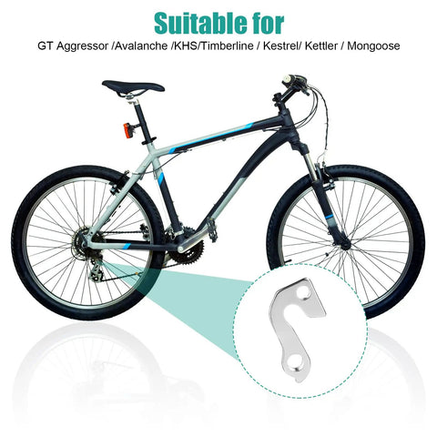 Aluminum Alloy Rear Derailleur Hanger 94 displayed with mountain bike, suitable for GT Aggressor and other models, silver finish.