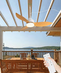 Outdoor Plug In Gazebo Ceiling Fan With Light And Hook IP65 Waterproof Wet Rated Patio Ceiling Fan in wood grain finish.