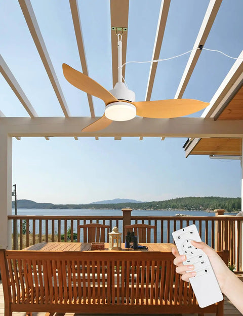 Outdoor Plug In Gazebo Ceiling Fan With Light And Hook IP65 Waterproof Wet Rated Patio Ceiling Fan in wood grain finish.