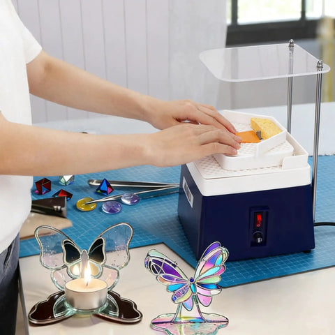 Dual Layer Stained Glass Grinder With Four Size Diamond Bits For Rapid Coarse Grinding And Butter Smooth Fine Polishing Professional Art Tooling in use.