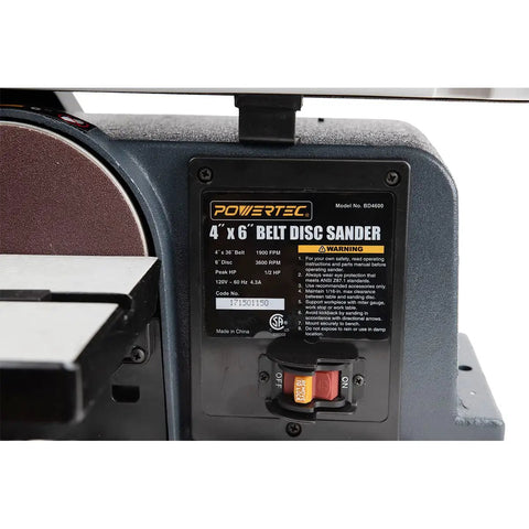 Heavy Duty Belt And Disc Sander Combo For Woodworking With 4 Inch By 36 Inch Belt And 6 Inch Disc, close-up on specification plate