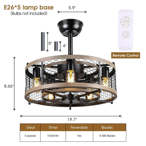 Dope 20 Inch Caged Bladeless Ceiling Fan With Lights And Remote Black Rustic Farmhouse Style For Bedroom Or Kitchen Space Saving With Double Layer Cage And 8 Hidden Blades