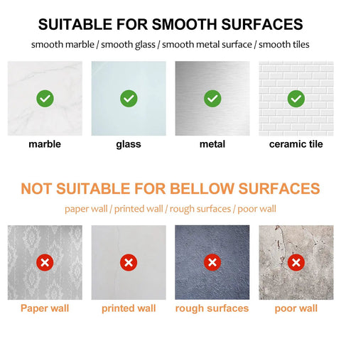 Chart showing smooth surfaces suitable and unsuitable for Heavy Duty Adhesive Hooks Set 12 Pack Transparent Wall Hooks