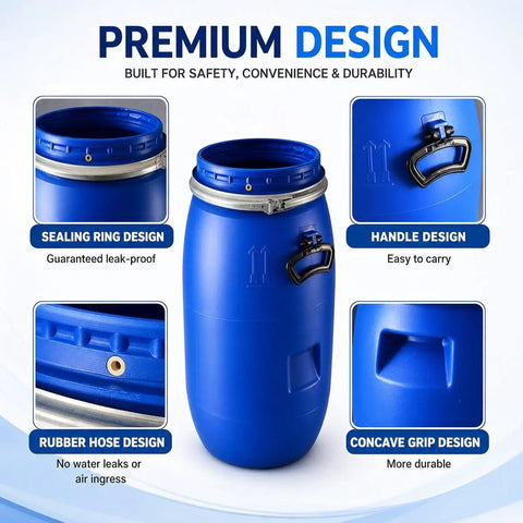 Food Grade Blue Plastic Drum With Airtight Lid And Metal Latch Ring Built Tough For Emergency Water Storage