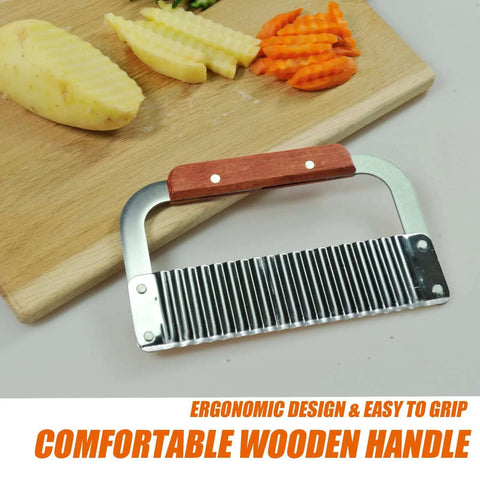 Stainless steel crinkle cutter with wooden handle; vegetable slicer for potatoes, carrots, cucumbers