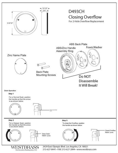 Diagram of Deep Soak Round 2-Hole Bathtub Overflow Cover With Full Closure Satin Nickel Finish Universal Fit components and assembly instructions.