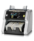 Mixed Denomination Money Counter With Supports 120 Currency Programs And Touch Screen on counter with bills visible