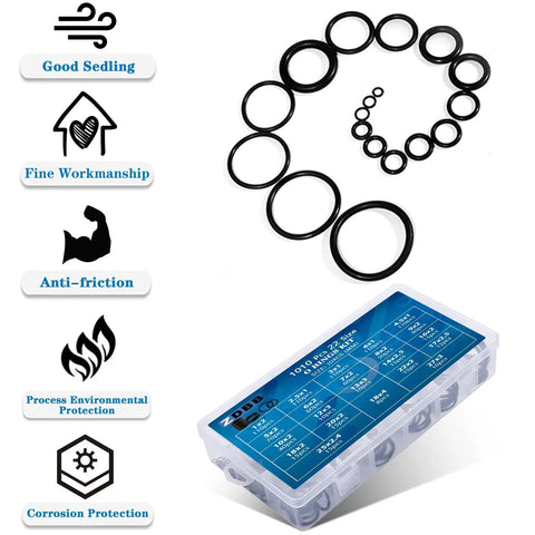 1010 Piece Rubber O Ring Kit With 22 Sizes Universal O Ring Set For Automotive Faucets Pressure Washers Plumbing Sealing Repair Oil Gas Air Applications Heat Resistant; includes storage case and size chart