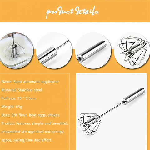 Stainless Steel Hand Push Rotary Whisk Blender Semi Automatic Kitchen Tool For Beating Eggs, Whipping Milk, 12 Inch
