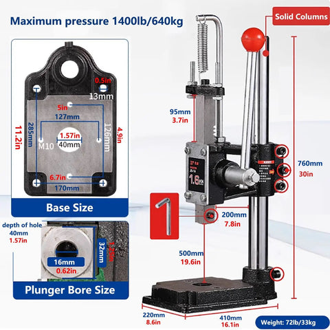 Rock Solid 640kg Manual Arbor Press With Adjustable Height And Ductile Cast Iron Base, dimensions and specifications labeled.