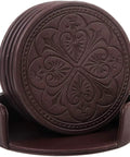 Skip Those Pesky Water Marks On Your Wood Using These Straight Up Durable PU Leather Drink Coasters Set Of Six With Classy Rose Embossing And Heavy Duty Holder. Rose embossed PU leather coasters in holder.