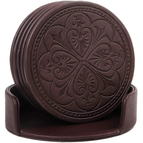 Skip Those Pesky Water Marks On Your Wood Using These Straight Up Durable PU Leather Drink Coasters Set Of Six With Classy Rose Embossing And Heavy Duty Holder. Rose embossed PU leather coasters in holder.