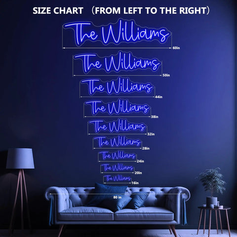 Custom Neon Signs For Wall Decor Personalize Large LED Neon Light Signs size chart with "The Williams" text in various sizes.