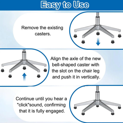Easy to use instructions for Heavy Duty Low Profile Bell Glides For Office Chairs Featuring Smooth Rolling Nylon Casters.