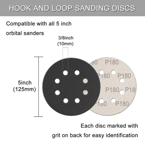 100 Pcs 5 Inch Sanding Discs Hook And Loop With 8 Holes Wet Dry Sandpaper Assortment showing 8-hole design