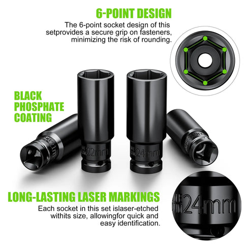 Built Tough Ten Piece Half Inch Drive Impact Socket Set Metric Deep Well Six Point Chrome Vanadium Wrenches showing 6-point design and laser markings.