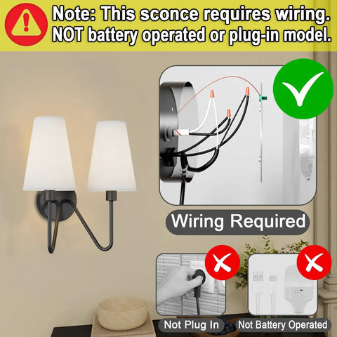 Two Light Wall Sconce Fixture in Black with Cream White Linen Lamp Shades, E12 Candelabra Base, hardwired installation guide