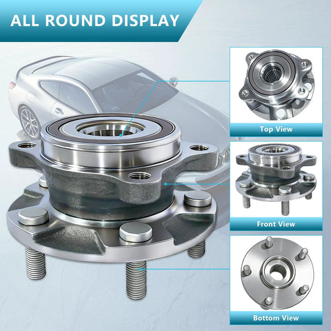 Two Piece Front Wheel Hub And Bearing Assembly Set For RAV4 2006-2018 Mirai 2016-2020 Scion Tc 2011-2016 With ABS 5 Lug Bolt Pattern Drop In Replacement Wheel Hub Bearings Kit, top and front view.