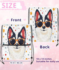 Cool Dog With Sunglasses Drawstring Bag For Men And Women showing front and back design, 18x14 inches, water-resistant polyester.