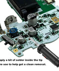 Pro Grade Desoldering Gun With 110V Heating next to PCB with components, demonstrating use for clean solder removal