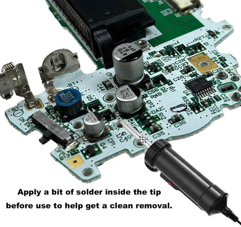 Pro Grade Desoldering Gun With 110V Heating next to PCB with components, demonstrating use for clean solder removal